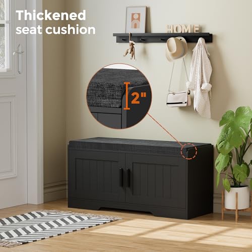 Homleke Shoe Storage Bench, 2 Doors & Thickened Padded Seat Cushion | 2-Tier Shoe Bench, Entryway Bench, Adjustable Shelf, 13.8" D x 37.4" W x 18.5" H, for Living Room, Bedroom, Black
