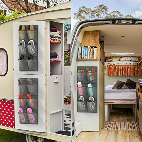 2 Pack RV Shoes Storage, 12 Large Mesh Pockets Closet Door Hanging Shoe Rack Organizer Narrow Shoe Holder, Wall Mounted Shoes Rack with Sticky Mounts for Camper