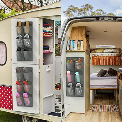 2 Pack RV Shoes Storage, 12 Large Mesh Pockets Closet Door Hanging Shoe Rack Organizer Narrow Shoe Holder, Wall Mounted Shoes Rack with Sticky Mounts for Camper