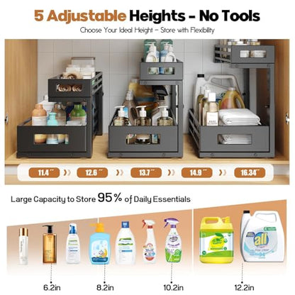 2-Pack Under Sink Organizer and Storage,2-Tier L Shape Pull Out Cabinet Organizer With Round Tube Slide Rails,Hight Adjustable Slide Out Drawers for Kitchen&Bathroom,Multi-Purpose Shelf-Black