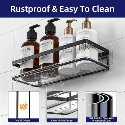 Epicano Adhesive Shower Caddy, 5 Pack Rustproof Stainless Steel Bathroom Shelves, No Drilling Wall Mount Clear Shower Organizer, Large Capacity Storage for Bathroom,Kitchen,Dorm and RV, Black