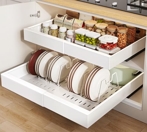 Seinloes 2Pack Pull out Cabinet Organizer 21"Deep with 4 Adjustable Dividers,Expandable（12.1"-20.4"W） Pots and Pans Organizer Under Cabinet with Raising Pad for Framed Cabinets,Slide out Drawers,White