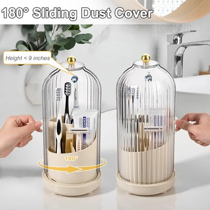 Toothbrush Holders with Cover Toothpaste Organizer for Bathroom, Beige | 360° Rotating, Dustproof Sliding Lid, Drainage Holes, Waterproof, for Kids Electric Toothbrush Makeup Brush Storage