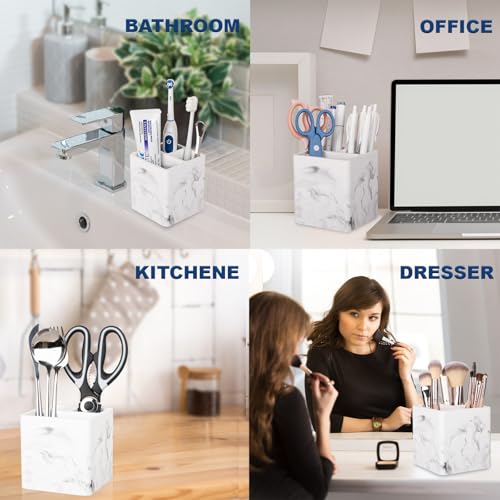 Diatomite Toothbrush Holders Tooth Brush Organizer, 2 Pack, Marble White | Water-Absorbent Material, 3 Slots for Electric Toothbrush and Toothpaste, for Bathroom Countertop, Shower, Vanity