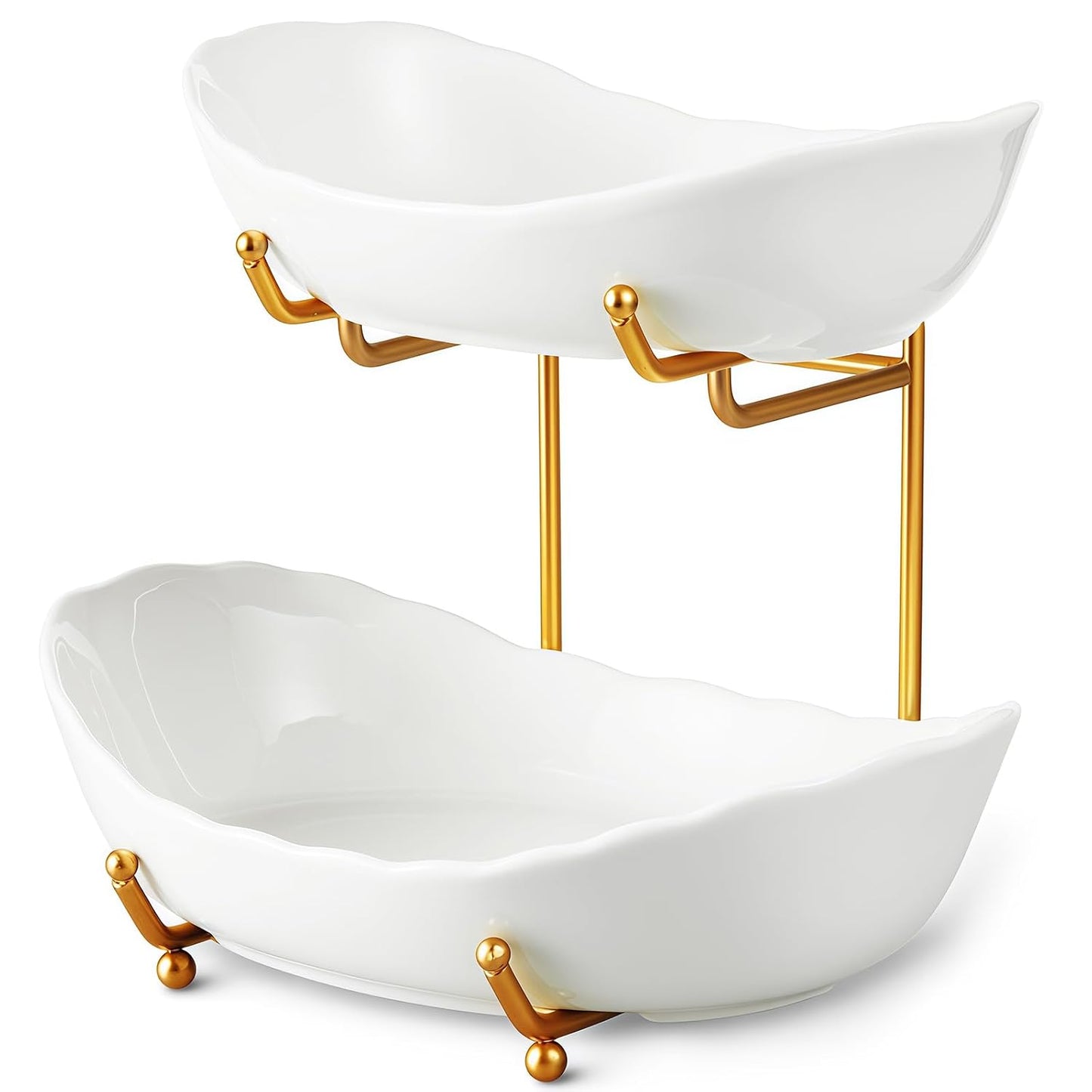2 Tier Ceramic Fruit Bowl for Kitchen Counter, Tiered Fruit Basket for Countertop, Modern Multi Layer Fruit Display Stand for Party, Cute (Gold&White, Small) 1