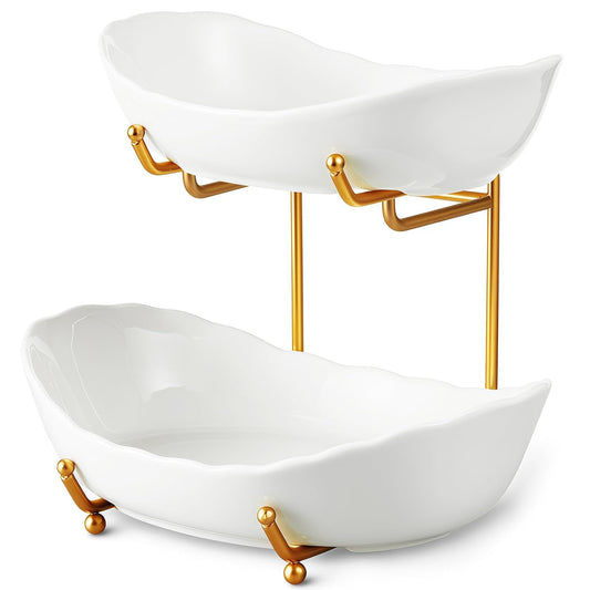 2 Tier Ceramic Fruit Bowl for Kitchen Counter, Tiered Fruit Basket for Countertop, Modern Multi Layer Fruit Display Stand for Party, Cute (Gold&White, Small) 1