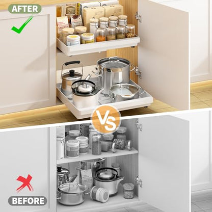 DOMNIU Pull Out Cabinet Organizers Expandable,White,16.9"Depth,2 Pack | Plastic Slide Out Drawers for Kitchen, Bathroom, Pantry, Under Sink Storage, Fixed with Adhesive Nano Film (11.6''-17.5'')