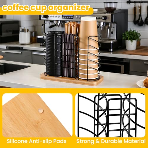 Coffee Station Organizer for Countertop, Cup and Lid Organizer with Straw Holder, 3 Section Disposable Cup Dispenser Rack with Bamboo Base for Office, Cafe, Kitchen, Break Room
