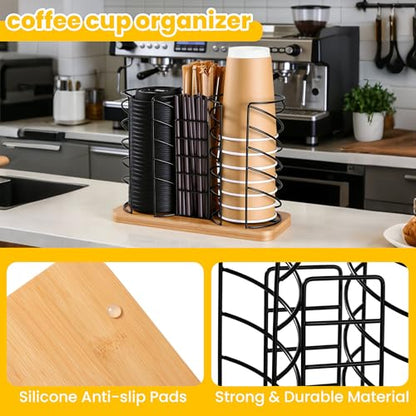 Coffee Station Organizer for Countertop, Cup and Lid Organizer with Straw Holder, 3 Section Disposable Cup Dispenser Rack with Bamboo Base for Office, Cafe, Kitchen, Break Room