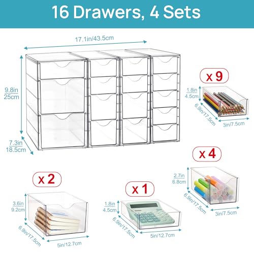 Vtopmart 4 Set Acrylic Desk Organizer with 16 Drawers for Office, Makeup | Clear Storage Drawers for Office Supplies, Desktop Organization for Makeup, Jewelry, Art Crafts, Bead, Pen, Stationary