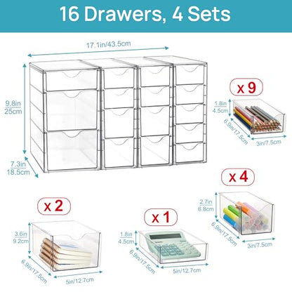 Vtopmart 4 Set Acrylic Desk Organizer with 16 Drawers for Office, Makeup | Clear Storage Drawers for Office Supplies, Desktop Organization for Makeup, Jewelry, Art Crafts, Bead, Pen, Stationary