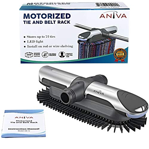 Motorized Tie Rack Closet Organizer with LED Lights Includes J Hooks for Wired Shelving Stores Up to 72 Ties & 8 Belts, Operates with Batteries