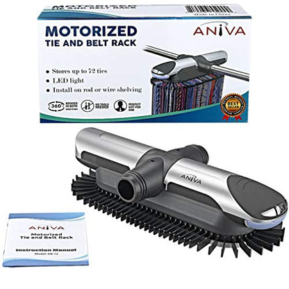 Motorized Tie Rack Closet Organizer with LED Lights Includes J Hooks for Wired Shelving Stores Up to 72 Ties & 8 Belts, Operates with Batteries