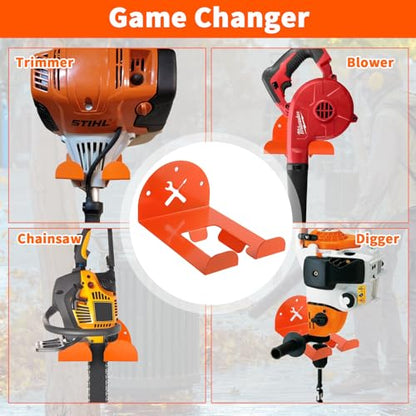 Upgraded Trimmer Rack Wall Mount - 8" Heavy Duty Weed Eater Hanger for Garage Wall, Garden Power Tool Holder Organizer Hooks for Grass Trimmer, Hedge Trimmer, Leaf Blower and Chainsaw, Orange, 4 Pack