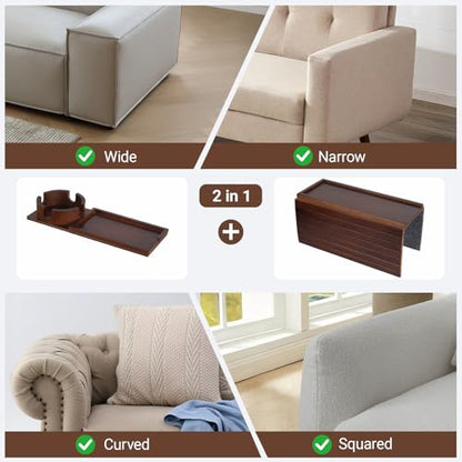 Bamboo Sofa Armrest Tray, Foldable Couch Arm Tray Side Table, 2 in 1 Anti-Falling Armrest Tables Cup Holder for Snacks, Drinks, Beers, Phone, Control, Flexible and Portable, Anti-Slip, (Brown)