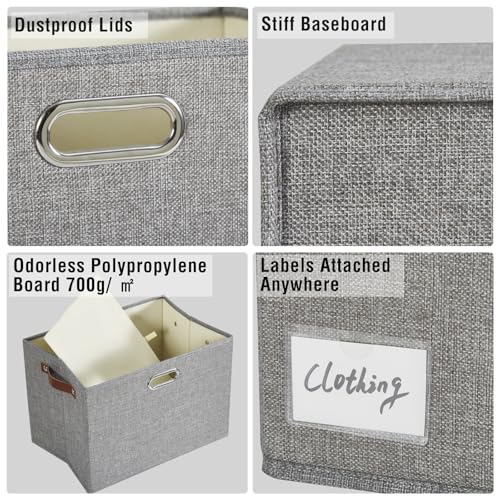 17" Large Collapsible Storage Bins with Lids, Stackable Closet Organizers with PU Handle and Labels, 3-Pack Decorative Fabric Storage Boxes for Home, Bedroom, Closet, Office, Nursery(Gray)