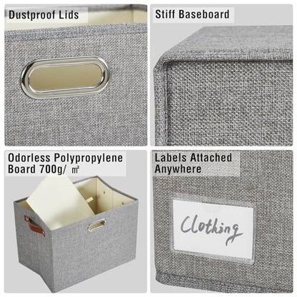 17" Large Collapsible Storage Bins with Lids, Stackable Closet Organizers with PU Handle and Labels, 3-Pack Decorative Fabric Storage Boxes for Home, Bedroom, Closet, Office, Nursery(Gray)