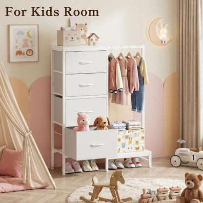 Tall Dresser 44''H with Hanging Rack, 4 Drawers Small Closet Dresser for Bedroom, Reversible Fabric Chest of Drawers with Clothes Rack, Tall Storage Tower, Sturdy Frame, White