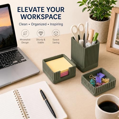 Desk Organizer Set of 3 for Office Accessories - Includes Pen Holder, Paperclip Storage, and Sticky Note Holder - Aesthetic Concrete Desktop Accessories for Women or Men, Office Decor (Green)