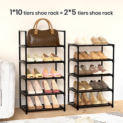Narrow Shoe Rack 10 Tiers Tall Shoe Rack for Entryway Closet 20 24 Pairs Shoe & Boots Organizer Storage Shelf Durable Black Metal Stackable Shoe Cabinet with Hooks, 17.1D x 11.8W x 78.7H in