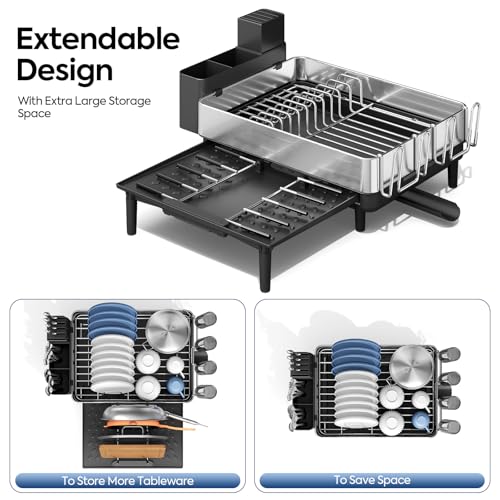 Urackify Expandable Dish Drying Rack, Stainless Steel, Large Capacity | Multifunctional Drainboard for Kitchen Countertop, Removable Cutlery Tray, Foldable Cup Holder, 20.4"L x 20"W, Silver