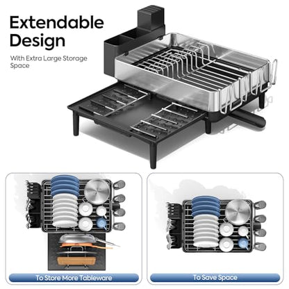 Urackify Expandable Dish Drying Rack, Stainless Steel, Large Capacity | Multifunctional Drainboard for Kitchen Countertop, Removable Cutlery Tray, Foldable Cup Holder, 20.4"L x 20"W, Silver