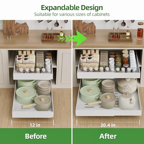 PAKETA 4 Pack Expandable Pull Out Cabinet Organizer,21" Deep | Pull Out Drawers for Cabinets with width from 12" to 20",Sliding Drawers for Cabinets with Upgrade 3 Slide Rails,hold 65 lbs
