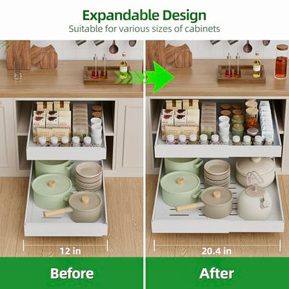 PAKETA 4 Pack Expandable Pull Out Cabinet Organizer,21" Deep | Pull Out Drawers for Cabinets with width from 12" to 20",Sliding Drawers for Cabinets with Upgrade 3 Slide Rails,hold 65 lbs