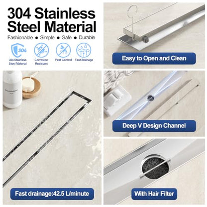 Neodrain 24 inch Linear Shower Drain-Brushed Nickel Tile-in Floor Drain | 304 Stainless Steel Linear Drain, Fast Drainage Rectangle Hidden Shower Trench, Easy Clean & Hair Catcher,cUPC Certified
