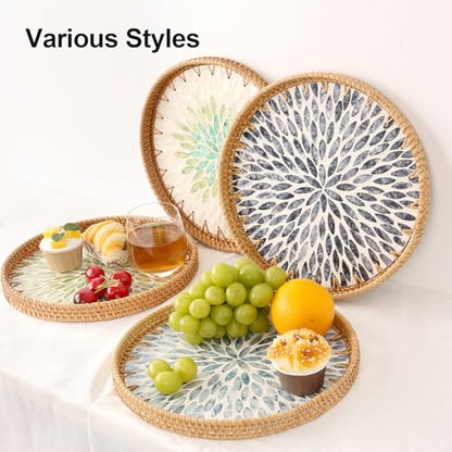 Round Rattan Tray with Mother of Pearl Inlay, Rattan Serving Tray for Coffee, Bread, Fruits, Decorative Wicker Tray for Table Decor, Home Decor, Kitchen Island Decor (Light Blue Leaf, 11.8")