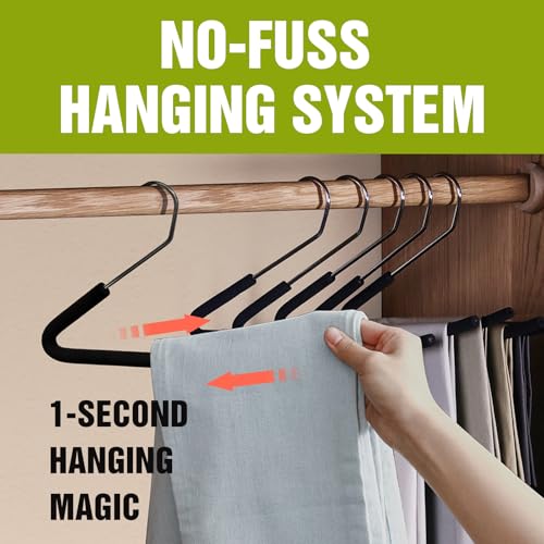 Foam Padded Non Slip Women Men Slacks Trouser Pants Hangers Black Long 10 | No Crease, Rubber Grip, Thick Sponge Felt Coated Covered, Coat Dress Suit Clothes, Chrome Heavy Duty, Space Saving Open Ended