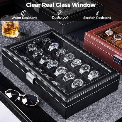 ProCase Watch Box for Men, 24 Slot Display Case with Real Glass Lid | Premium Storage Holder Organizer with Removable Pillows, Gift for Dad & Father's Day & Watch Collectors