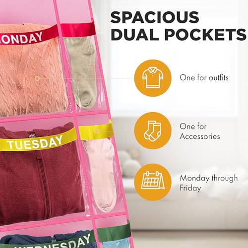 Handy Laundry Weekly Clothes Organizer for Kids, 10 Pocket 5-Shelf Closet | Days of the Week Hanging Closet Shelves, Monday Through Friday & Weekend, School Outfit Storage, Side Pockets, Over-Door