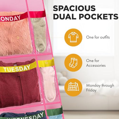 Handy Laundry Weekly Clothes Organizer for Kids, 10 Pocket 5-Shelf Closet | Days of the Week Hanging Closet Shelves, Monday Through Friday & Weekend, School Outfit Storage, Side Pockets, Over-Door