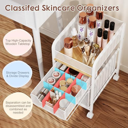 Rolling Makeup Cart Organizer with 2 Drawers, Under Desk Storage | Narrow Floor Skincare Organizers, Vanity Organizer Cosmetics Display Cases Holder for Nail Polish Perfume Makeup Brush, White
