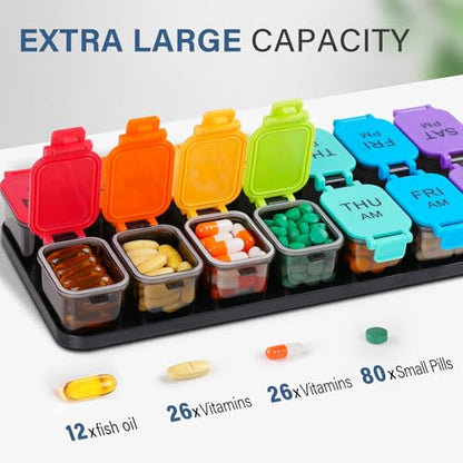 Yaklim Extra Large Weekly Pill Organizer, Detachable 7 Day AM PM Pill Box | XXL 14 Detachable AM PM Compartments；For Big Vitamins & Supplements； Easy to Open & Fill； Waterproof Seals； Easy Readability