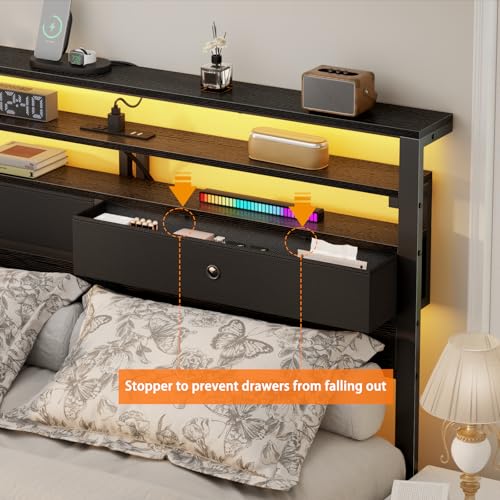 Full Size Bed Frame with Headboard & 2 Fabric Drawers, Black Oak