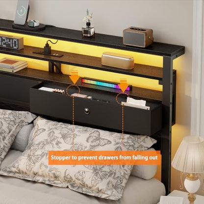 Full Size Bed Frame with Headboard & 2 Fabric Drawers, Black Oak