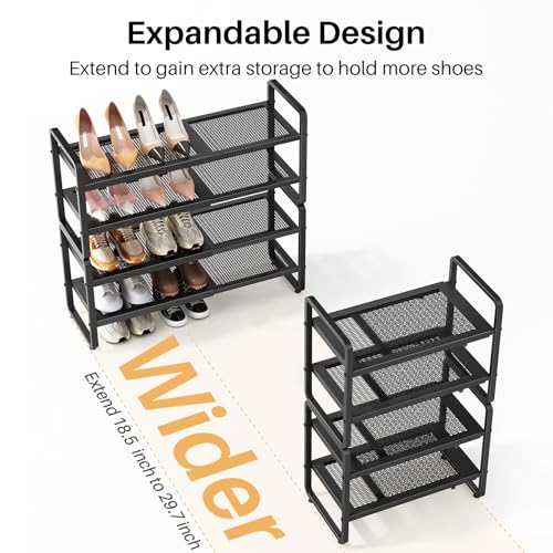 Expandable Metal Shoe Rack for Closet, Entryway & Garage, 4-Tier, Black | Adjustable Height for Boots, Stackable Design, Dense Mesh Shelves for Heels, Fits Small Spaces, Apartments and Rentals