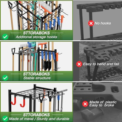 Garden Tool Organizer Rack Up to 50 Tools, Heavy-Duty Steel Yard Tool Organizer for Garage Storage with 11 Hooks, Broom Holder & Garden Tool Rack for Shed, Patio, Outdoor Use, Black