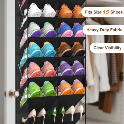 20-30 Pairs Over the Door Shoe Organizer, Clear Pockets Hanging Shoe Storage for Closet, 10-Tier Door Shoes Rack, Handing Shoes Holder Fit All the Family's Sneakers, Boots, Heels, Black