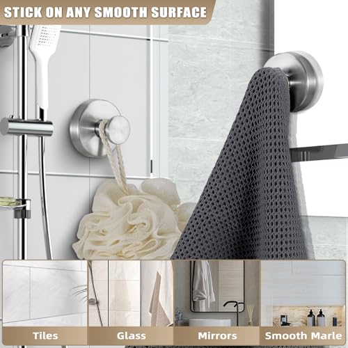 Suction Cup Hooks for Shower No-Drill Bathroom Hooks for Towels, Robes, Loofah Mountable on Bathroom Walls, Kitchen, Glass, Mirrors, Tile and Smooth,Non-Porous Surfaces (2, Brushed Nickel)