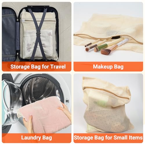 6Pcs Organic Cotton Mesh Laundry Bags for Delicates, Durable Mesh Wash Bags, Sturdy Zipper Laundry Bag for Underwear, Clothes, Shoes, Socks, (3 Large, 3 Medium)