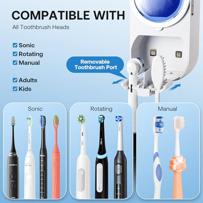 Bitvae Upgraded Tooth Brush Holder for Bathroom 2.0 Infrared Sensing | Toothbrush Cleaner, Wall-Mounted for Most Size Toothbrushes, Air Drying, LED Smart Screen, White Gold Trim