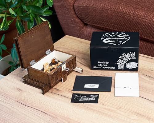 Puzzle Box with Hidden Compartments, Secret Lock and Key | Maple Wooden Puzzle Box in 5 Steps, Hand-Carved with Transylvanian Motifs for Adults and Kids. Ideal for Money and Gift Card