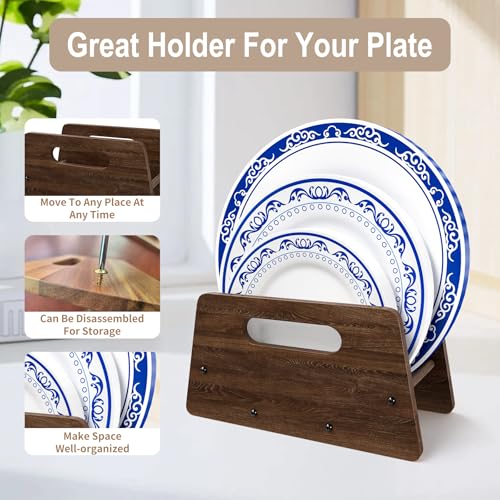 Wooden Disposable Plate Dispenser, Acacia Plate Holder for 5-12 Inches Paper Plastic Foam Plate Storage Organizer Rack Holder for Cabinet, Countertop, Rv or Outdoor Use (Black Acacia, 1PC)