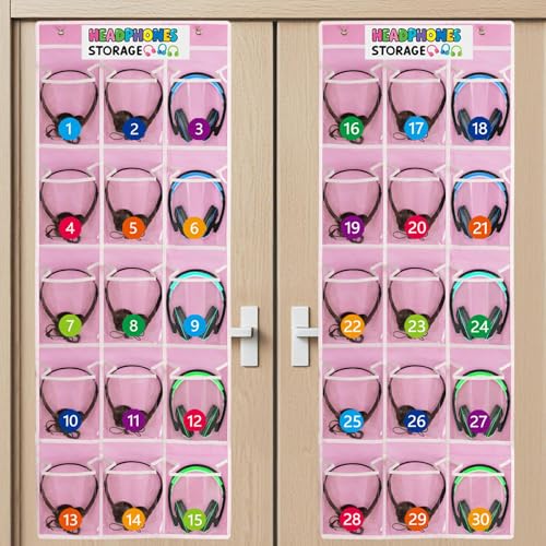 2 Pack Classroom Headphone Storage Organizer with 30 Pockets & 62 Labels | PVC Clear Classroom Pocket Chart for Headphone Cell Phone Over-the-Door Hanging Headphone Holder Bag for School Library, Pink