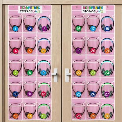 2 Pack Classroom Headphone Storage Organizer with 30 Pockets & 62 Labels | PVC Clear Classroom Pocket Chart for Headphone Cell Phone Over-the-Door Hanging Headphone Holder Bag for School Library, Pink