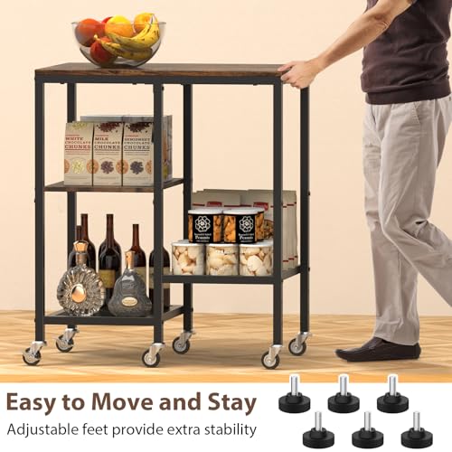 Rolling Kitchen Microwave Cart,4 Tier Microwave Stand,Brown | Utility Cart on Lockable Wheels,Open Storage for Spices, Pots，Small Side Table,Coffee Cart for Living Room Office, Balcony