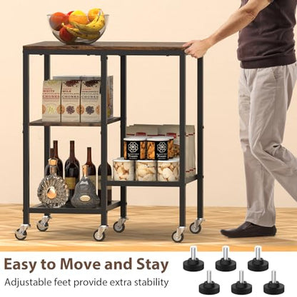 Rolling Kitchen Microwave Cart,4 Tier Microwave Stand,Brown | Utility Cart on Lockable Wheels,Open Storage for Spices, Pots，Small Side Table,Coffee Cart for Living Room Office, Balcony